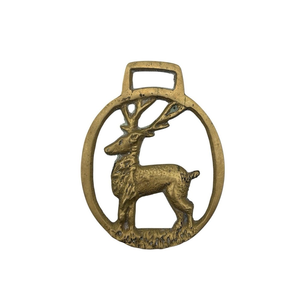 Vintage brass horse medallion depicting a Stag/ Deer / Elk with large antlers